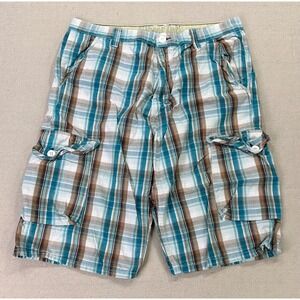 Levi's SilverTab Mens 36 Plaid Cargo Shorts Teal Brown White Cotton